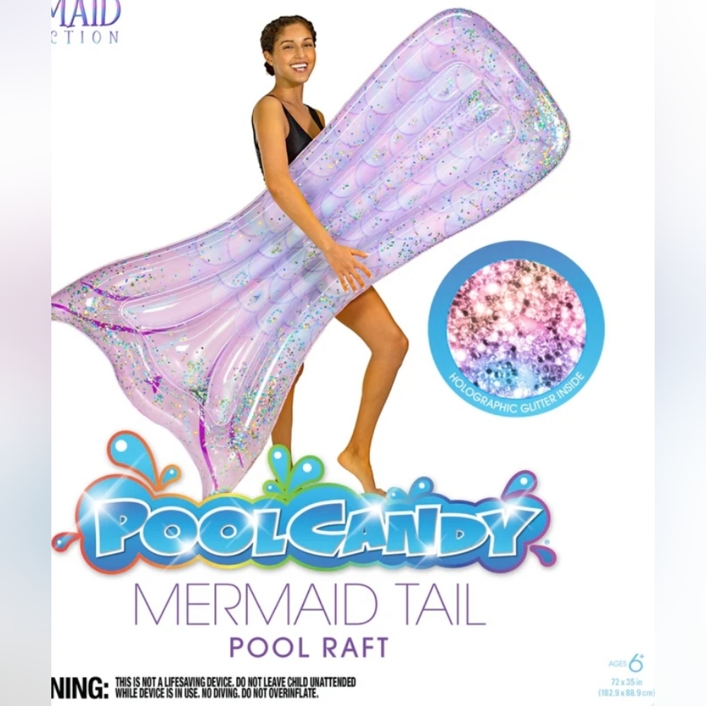 Pool Candy Mermaid Tail Pool Raft - 72" x 35" Holographic Glitter Inside NEW
